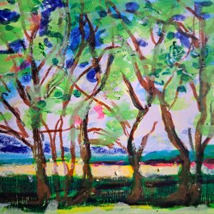  A colorful, impressionistic painting of a group of trees with twisting trunks and lush green foliage. The background features a soft sky with hints of purple and pink, and a strip of land or water at the horizon in shades of blue and violet. The painting uses expressive brushstrokes and vibrant colors to create a lively, natural scene.