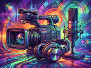 A vibrant, neon-colored digital illustration of modern recording equipment. It features a professional video camera with a large lens, a pair of headphones resting on a surface, and a studio microphone mounted on a stand. The background is filled with abstract, colorful sound waves, geometric shapes, and swirling patterns, creating a dynamic and energetic atmosphere related to audio and video production