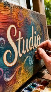 Close-up of a person painting the word 'Studio' on a colorful wooden sign with a fine brush. The sign features vibrant, swirling background colors including pink, yellow, blue, and purple, and is being painted outdoors with blurred greenery in the background