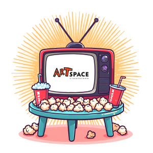 A retro television set placed on a small table surrounded by popcorn and two sodas, with a bright sunburst background. The TV screen displays the text "ARTSPACE CINDERFORD." 