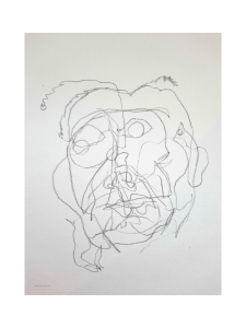 This is a line drawing of a person's face created with continuous, overlapping lines, giving an abstract and expressive appearance.