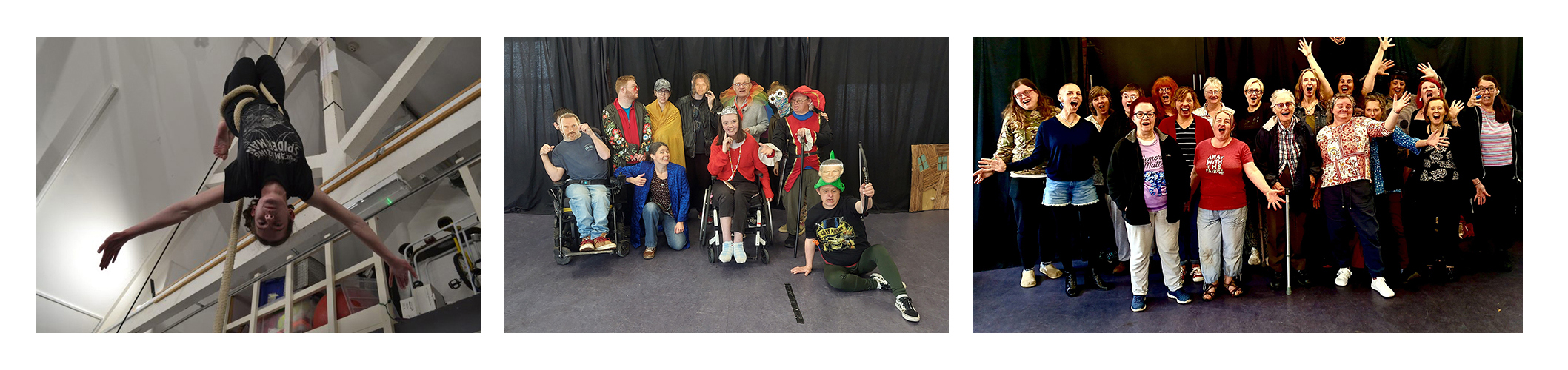 A young girl working intently on a clay sculpture at a cluttered art table.
An older woman smiling and holding a colorful woven circular craft project.
A group of people, some in costumes and some in casual clothes, gathered together in a room with a black curtain backdrop.
A woman sitting in a wheelchair, dressed in colorful, whimsical clothing with a bright wig, posing with others.
A woman playing an acoustic guitar, seated on a chair in a room with a wooden floor.