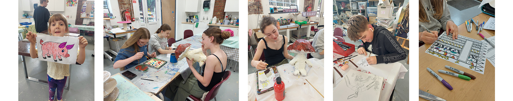 A young girl proudly showing her colorful pig drawing in an art classroom, students painting and working on ceramic mushroom sculptures, a girl painting a ceramic figure, a boy coloring a drawing, and a close-up of a table with various colorful markers and art supplies.