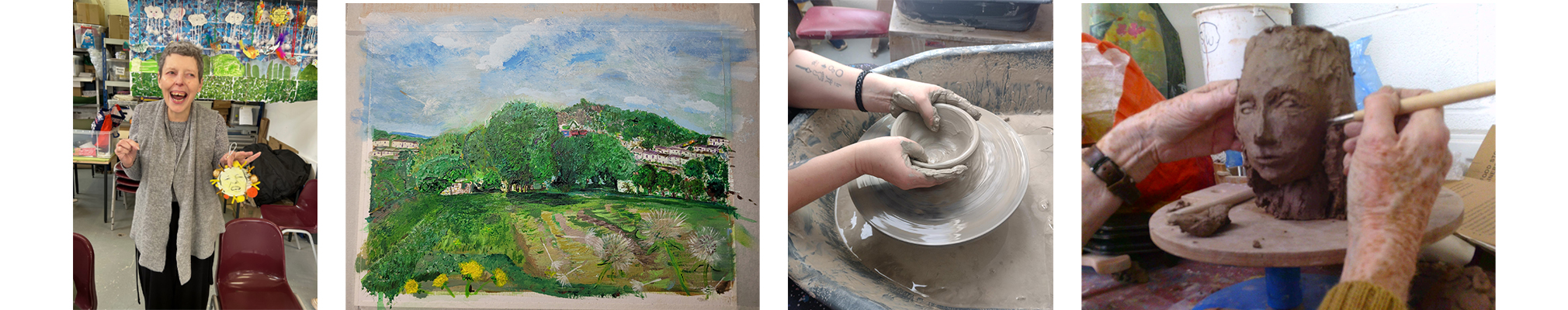 A woman smiling and holding a colorful sun-themed artwork, next to a landscape painting of a green hillside with trees and houses, hands shaping clay on a pottery wheel, and a close-up of hands carving a face into a clay sculpture.