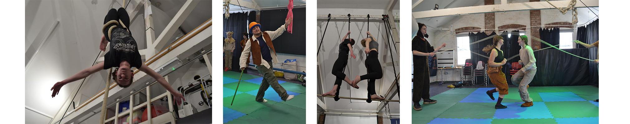 A collage of five images showing various circus and performance activities:
A person hanging upside down from a rope, smiling at the camera.
A performer dressed in a colorful costume and hat, standing on a green mat, holding a stick, with other performers dressed as animals in the background.
Two people practicing acrobatics on a horizontal bar, hanging upside down with their legs intertwined.
Two women participating in a tug-of-war with a rope, with an instructor or facilitator observing nearby.
Two performers in costume, engaging in a playful activity involving a green ribbon or rope, on a padded floor with a black curtain backdrop.