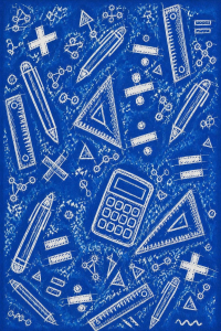 White, hand-drawn mathematical symbols and geometry tools—including rulers, set squares, a calculator, and compasses—are scattered across a deep blue background. 