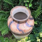 Ceramic pot with ferns in the background
