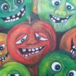 Cartoon painting of red and green apples with grinning faces
