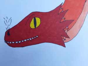 Drawing of a red dragon head, facing to the left, with its yellow eye staring. Smoke coming out of his nose.