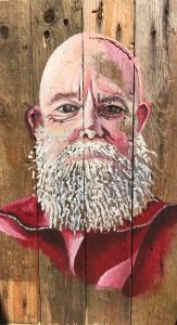 Painting of an old man with white beard and red top