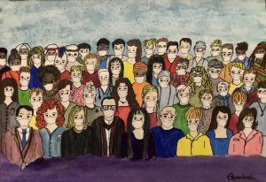 Colourful painting of a crowd of people
