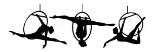 Silhouette graphic of 3 aerial acrobats performing poses on aerial rings