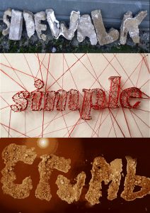 A photograph of the word 'sidewalk' made from concrete, the word ' simple' made from string and the word 'crumb' made from toast