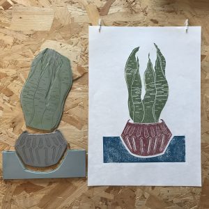 Lino print of a cactus
