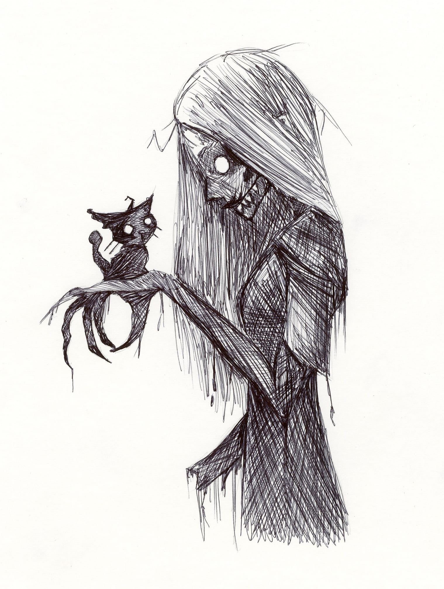 Black and white line drawing of witch holding black cat
