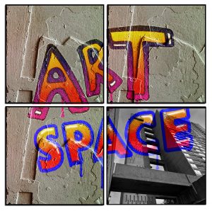 Text saying Artspace on a concrete canvas over a picture of a building