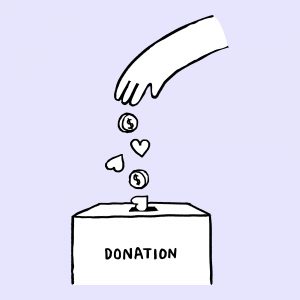 illustration of hand dropping coins and love hearts into a donation box