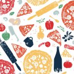 Colourful print of different food and drinks