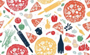 Colourful print of different food and drinks