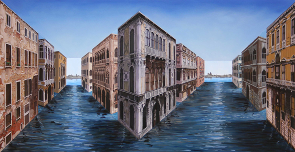 optical illusion sculpture of buildings by Patrick Hughs called Vanishing Venice