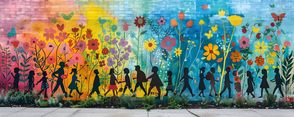 A photo of a mural of silhouettes of people in front of a colourful flower scene